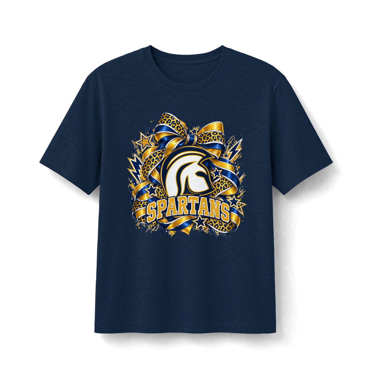 Academy of Blanchard Spartans Leopard Bow T-Shirt - Navy and Gold Mascot Tee