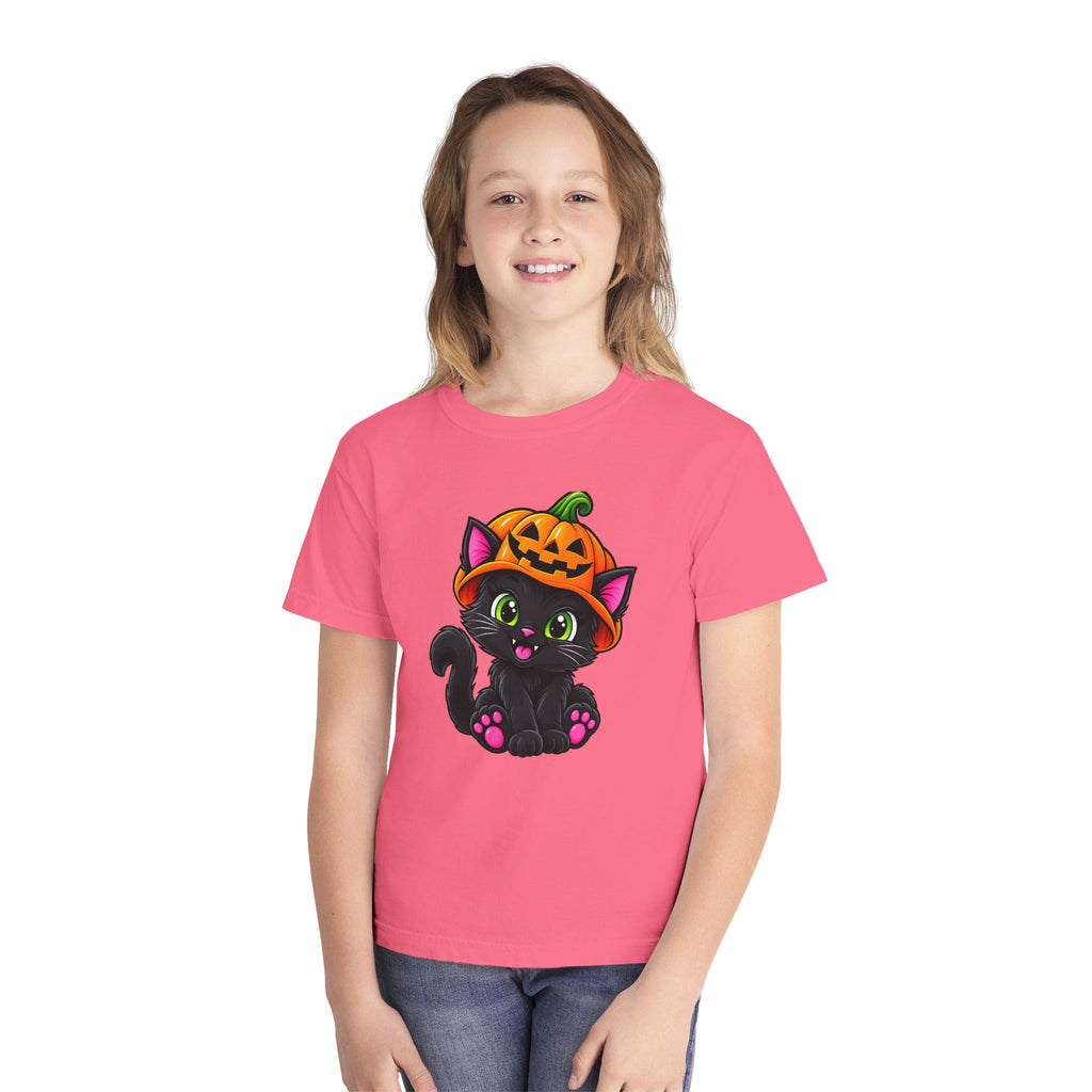 Pumpkin Kitty Halloween T-Shirt - Cute Black Cat Youth Tee