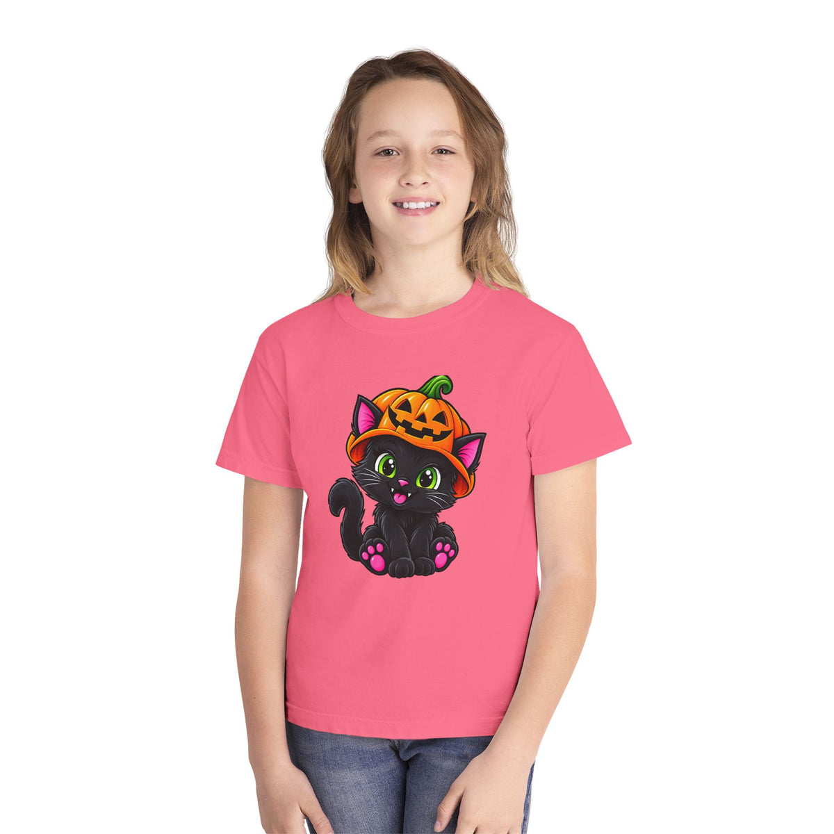 Pumpkin Kitty Halloween T-Shirt - Cute Black Cat Youth Tee