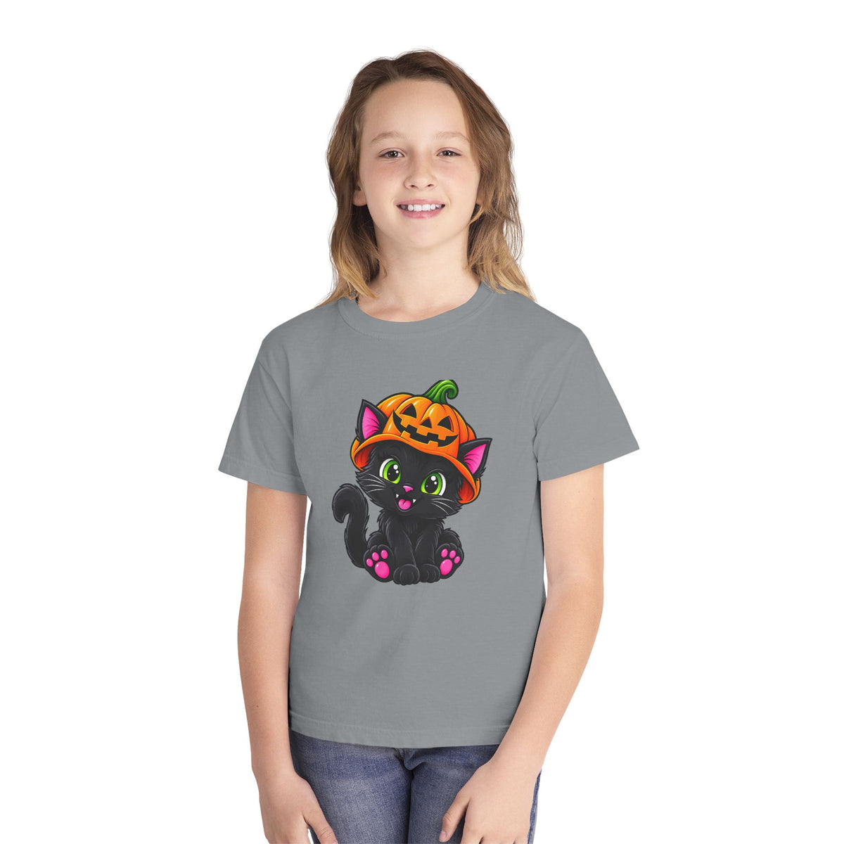 Pumpkin Kitty Halloween T-Shirt - Cute Black Cat Youth Tee