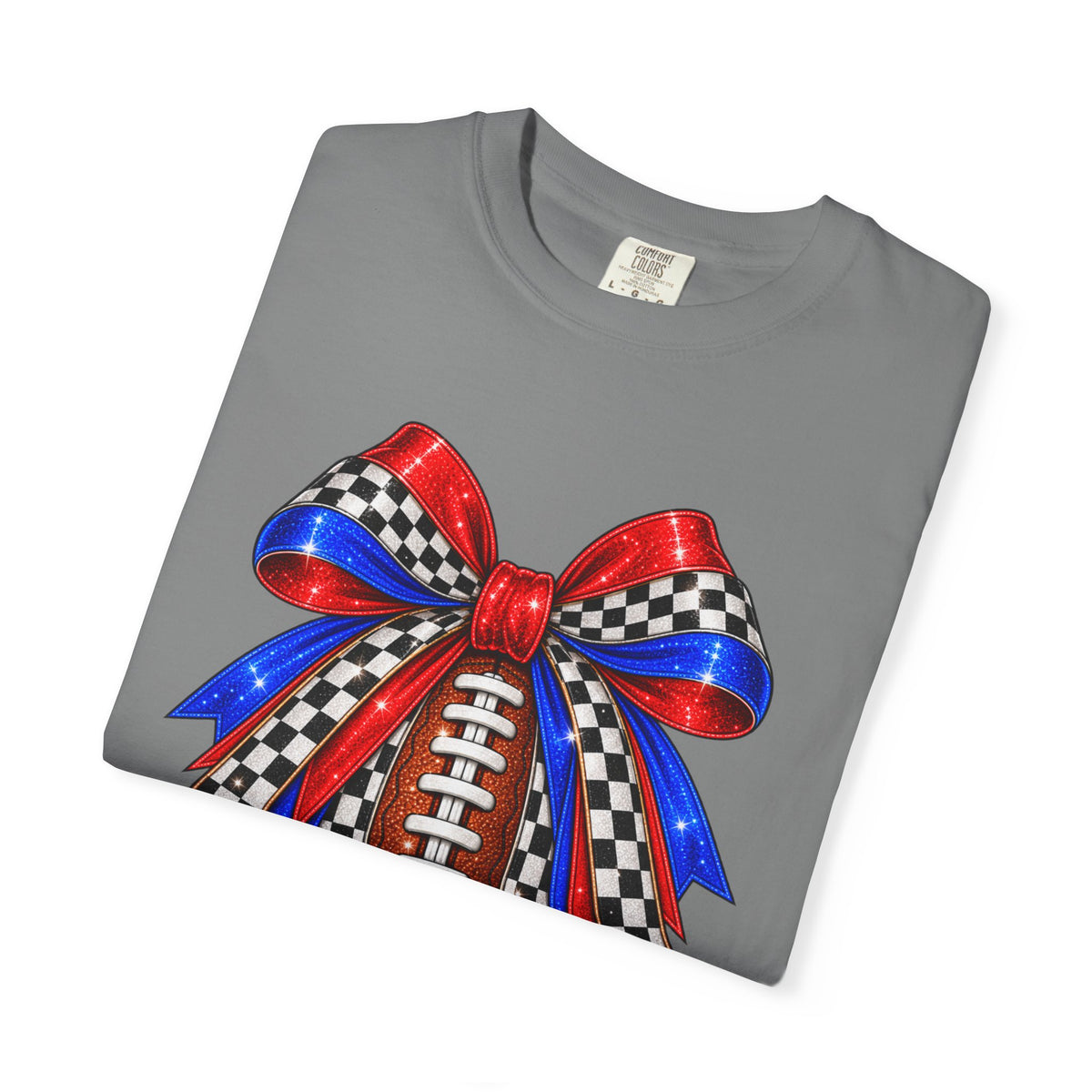Football Bow Comfort Colors Tee - Red, Royal & Checkered Game Day Shirt
