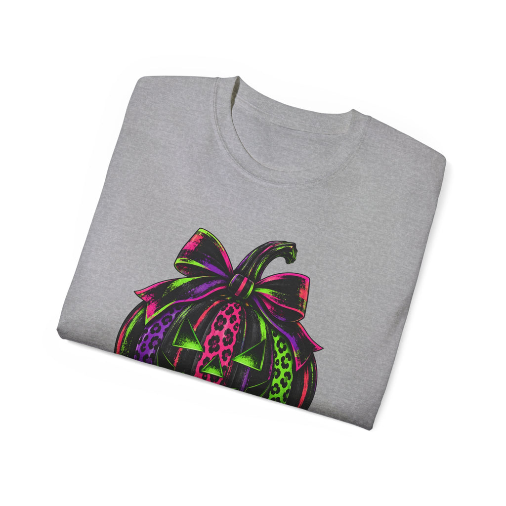 Neon Leopard Print Pumpkin T-Shirt — Halloween Pink & Green Jack-O'-Lantern Tee
