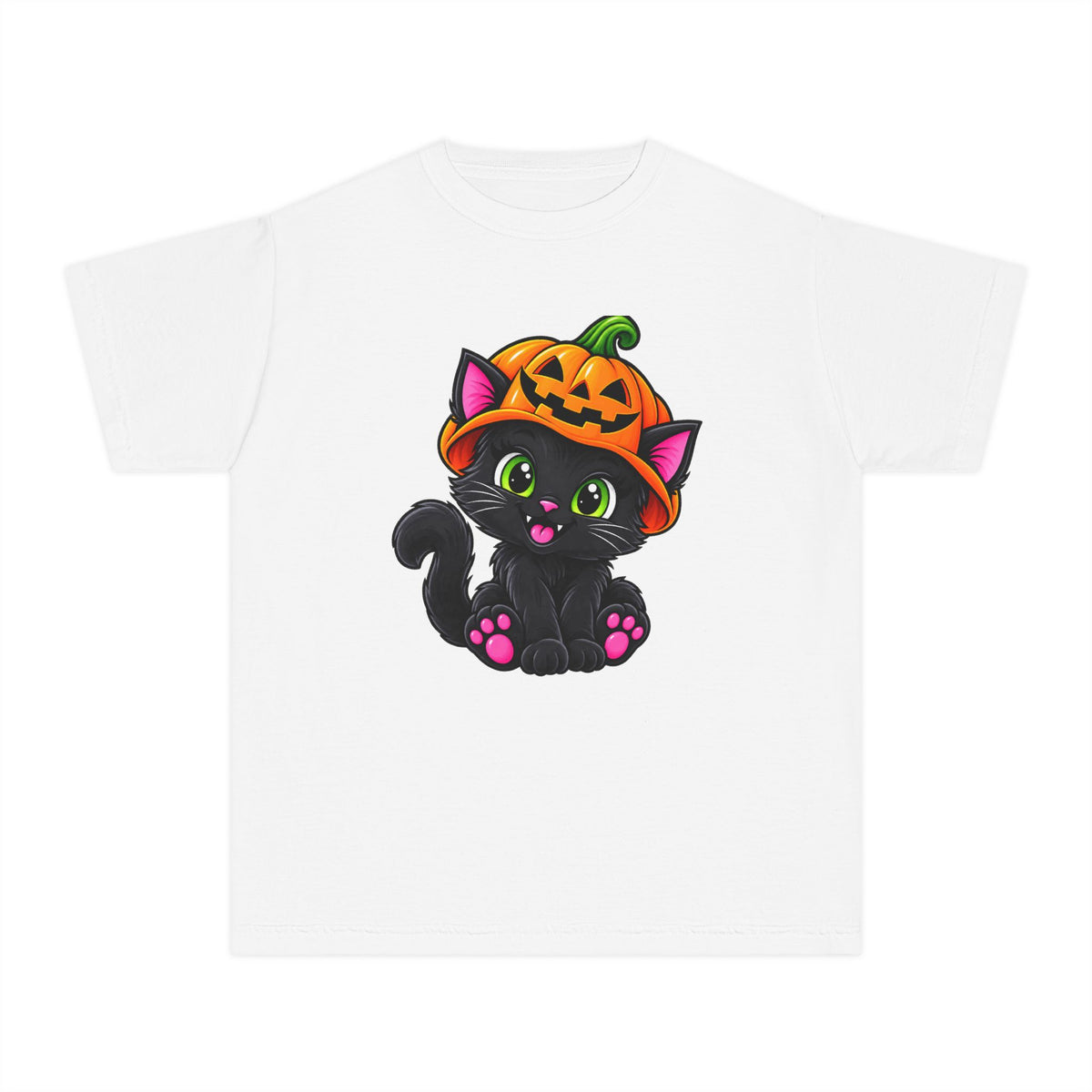 Pumpkin Kitty Halloween T-Shirt - Cute Black Cat Youth Tee