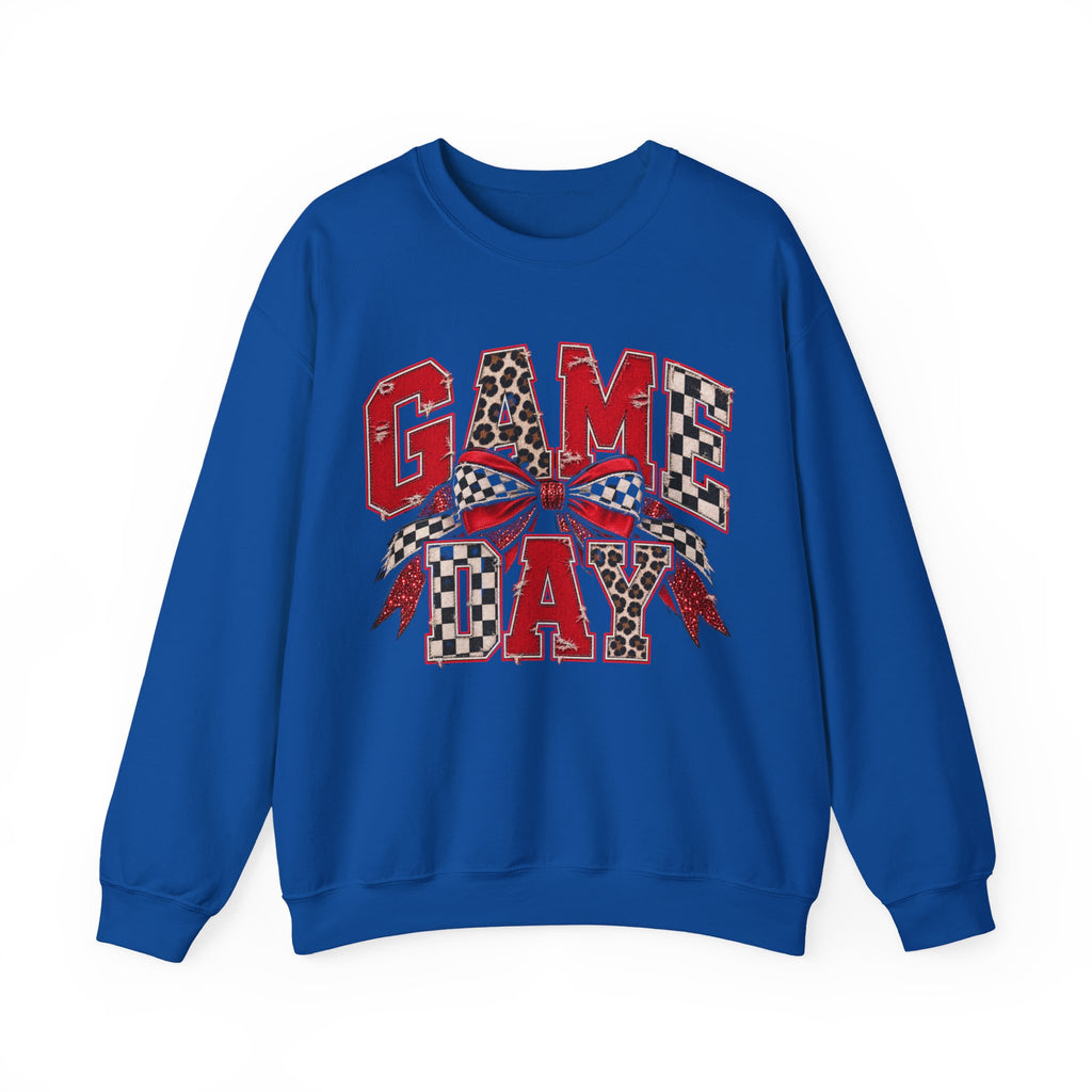 Game Day Football Bow Crewneck - Checkered, Leopard Red & Royal Blue Sweatshirt