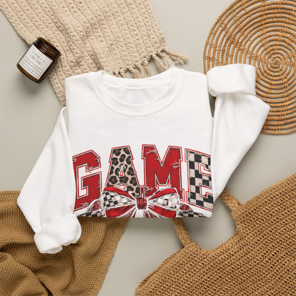 Game Day Football Bow Crewneck - Checkered, Leopard Red & Royal Blue Sweatshirt