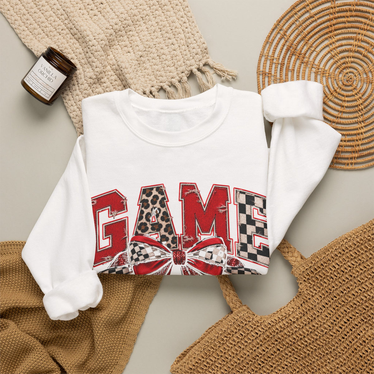 Game Day Football Bow Crewneck - Checkered, Leopard Red & Royal Blue Sweatshirt