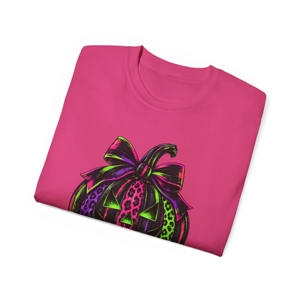 Neon Leopard Print Pumpkin T-Shirt — Halloween Pink & Green Jack-O'-Lantern Tee