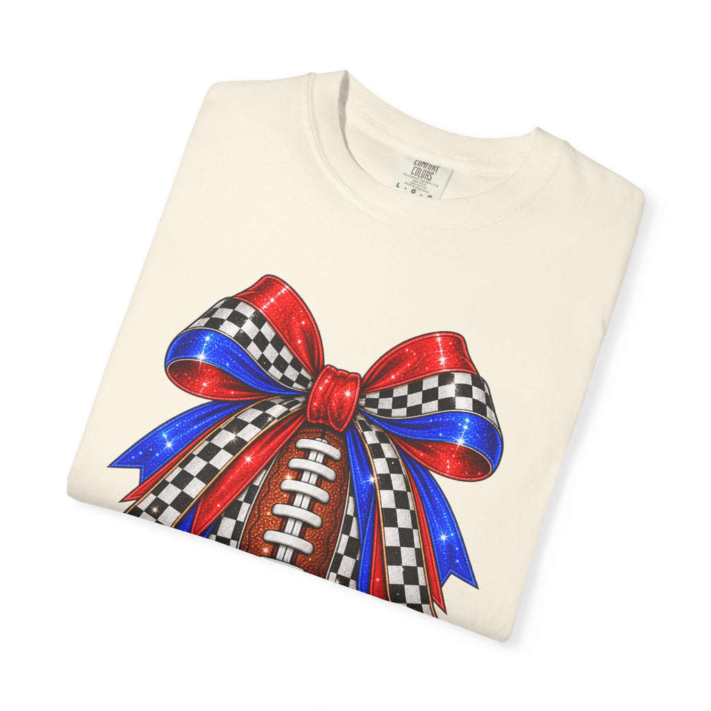Football Bow Comfort Colors Tee - Red, Royal & Checkered Game Day Shirt