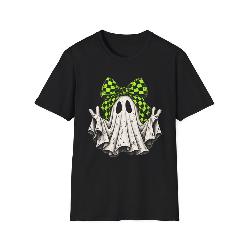 Neon Bow Ghost Halloween T-Shirt - Cute Spooky Graphic Tee