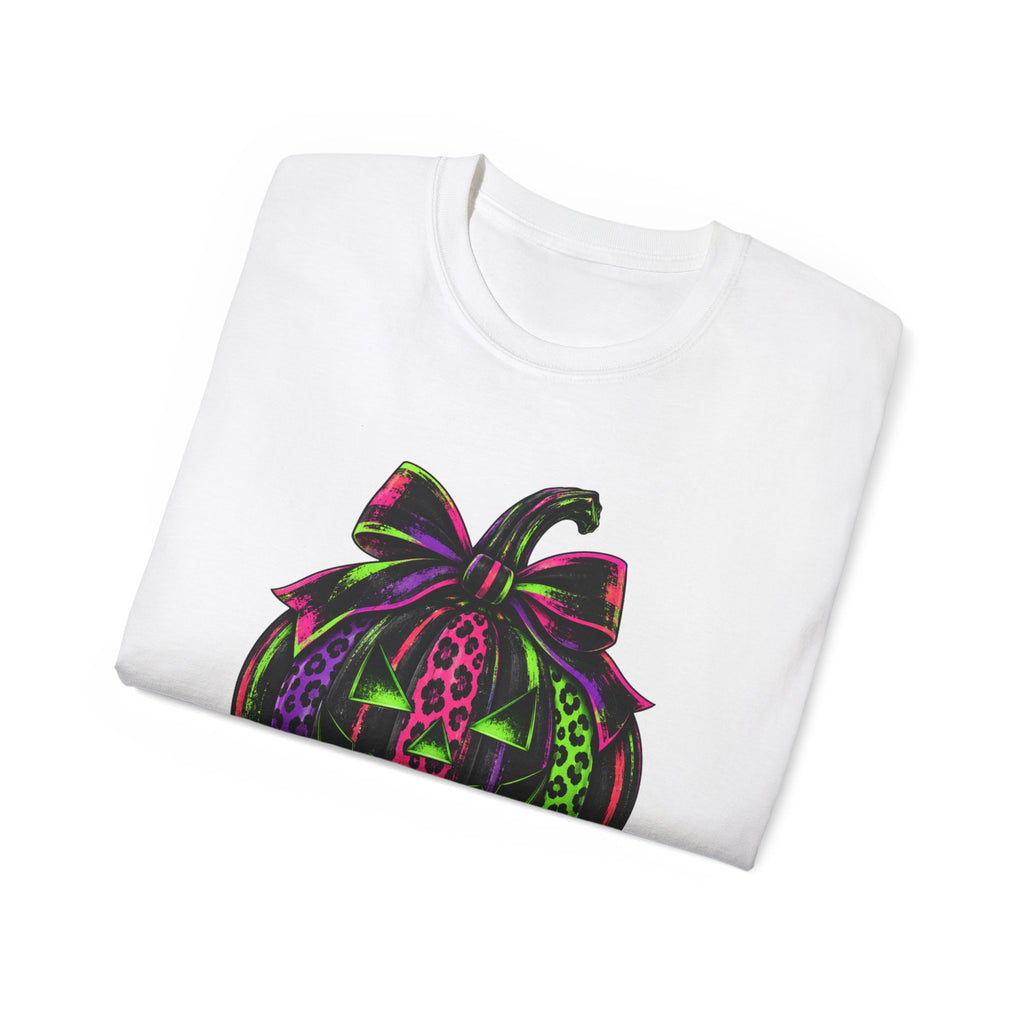 Neon Leopard Print Pumpkin T-Shirt — Halloween Pink & Green Jack-O'-Lantern Tee