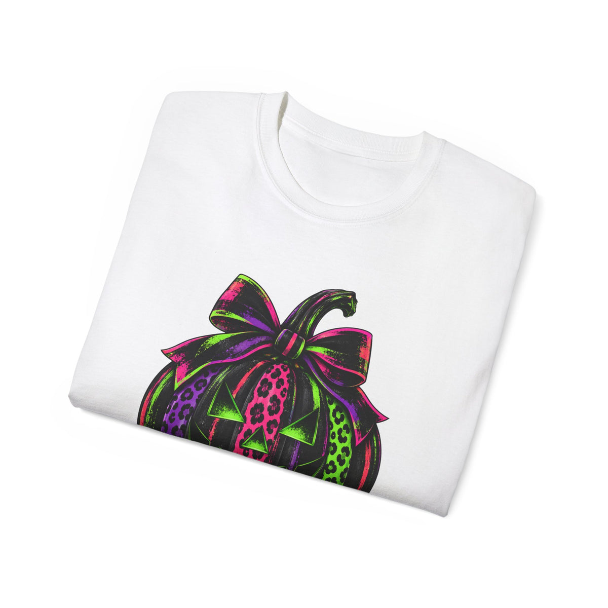 Neon Leopard Print Pumpkin T-Shirt — Halloween Pink & Green Jack-O'-Lantern Tee
