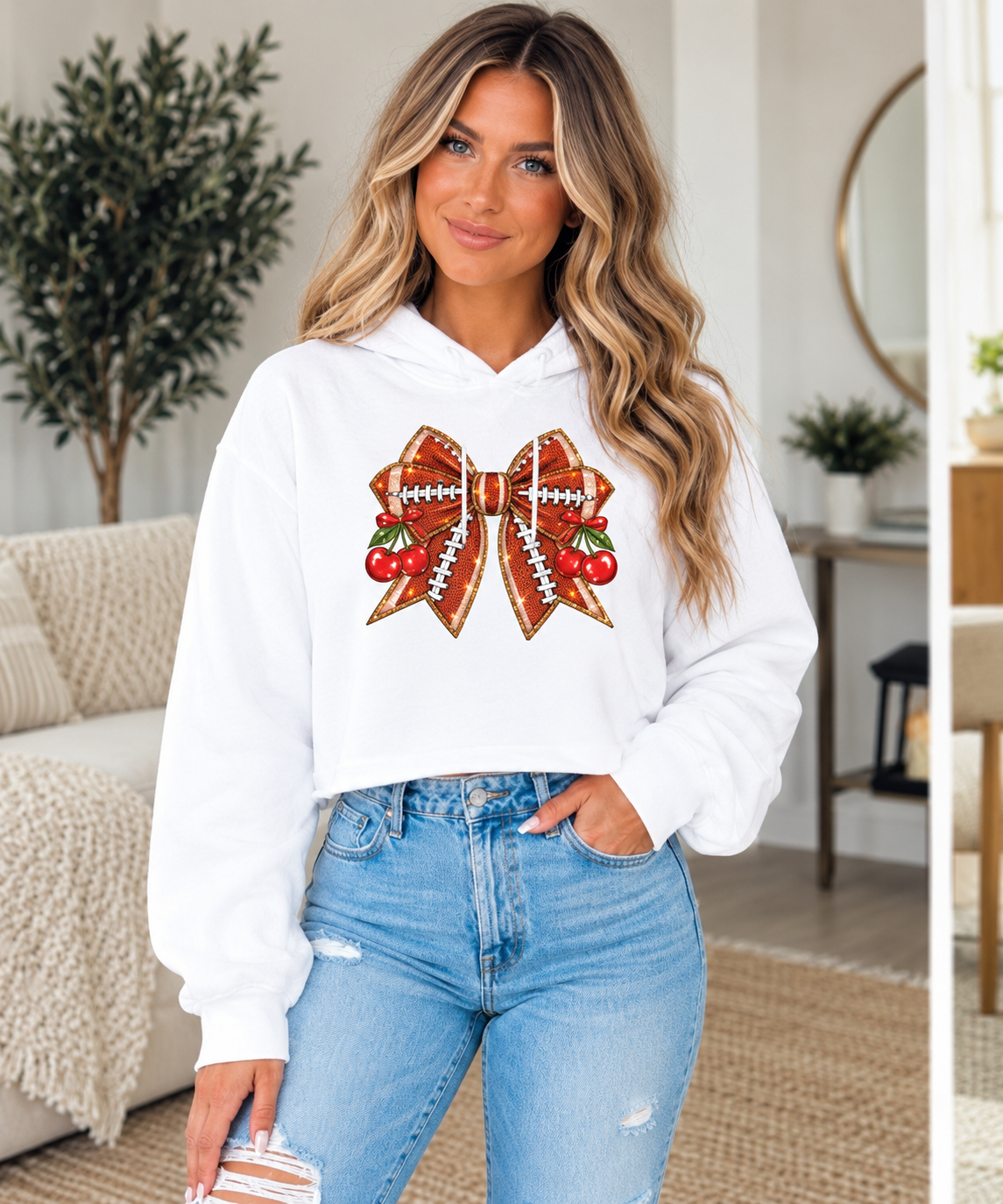 Football Bow Crop Hoodie Glitter Game Day Cherry Sweatshirt